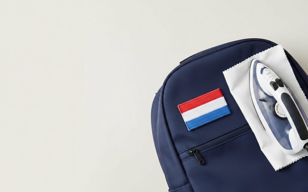 Embroidered Dutch flag patch on a navy nylon backpack with an iron and protective cloth
