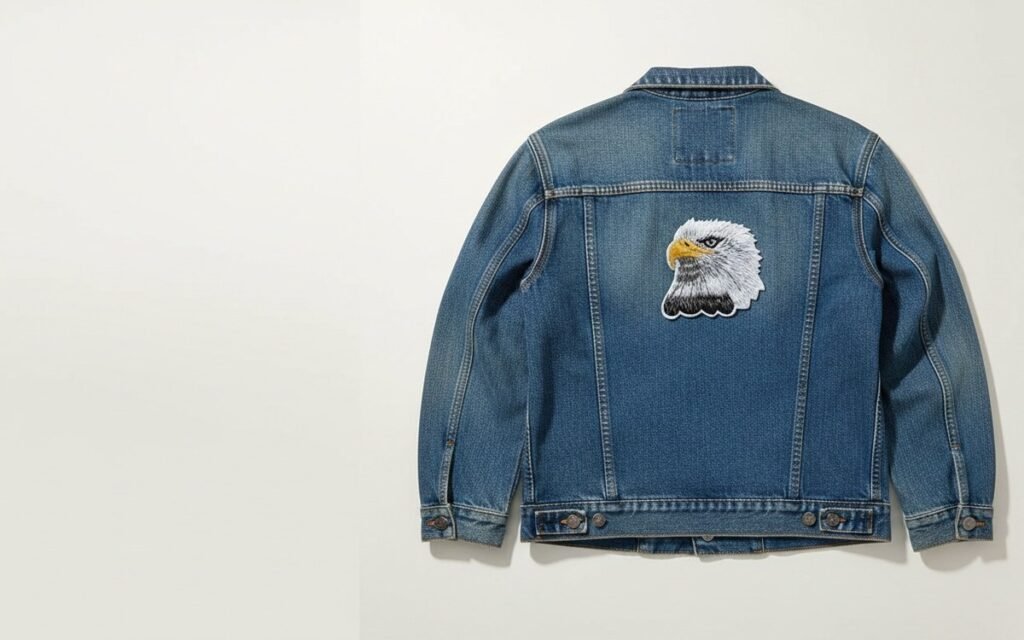 Embroidered eagle patch centred on the back of a blue denim jacket laid flat