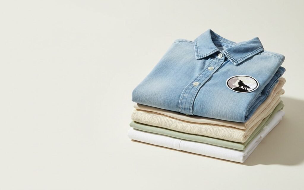 Embroidered wolf patch on a denim shirt in a stack of freshly washed clothes