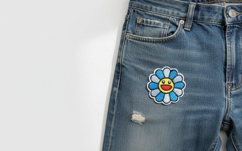 Embroidered flower iron-on patch covering a hole on a pair of worn blue jeans