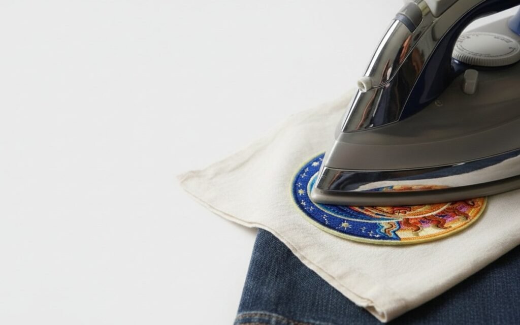 Iron pressing through a cotton cloth onto an embroidered sun and moon patch on denim