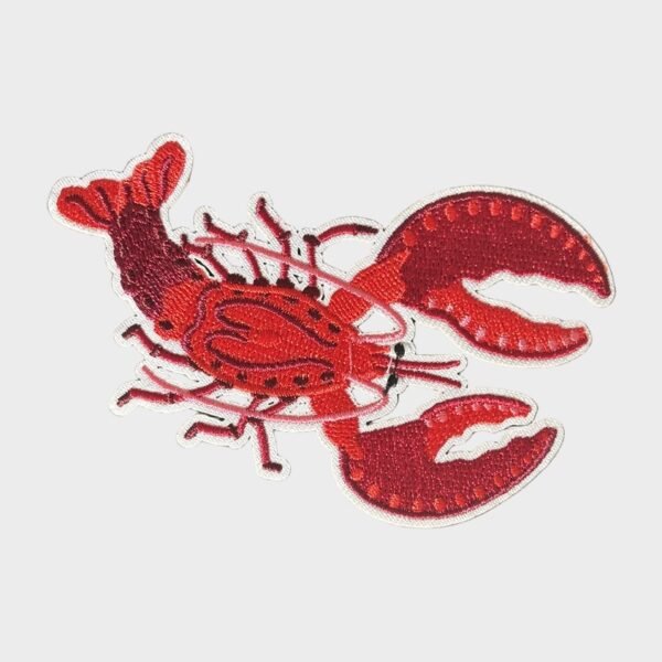 Red embroidered lobster iron-on patch with white border