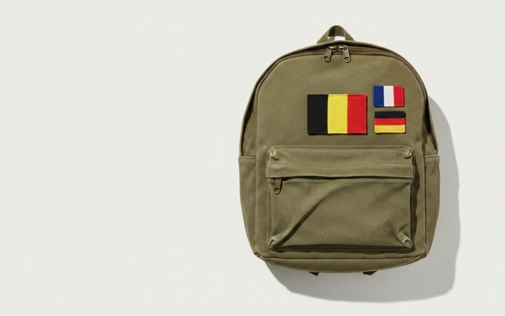 Embroidered Belgian, French and German flag patches on a canvas backpack