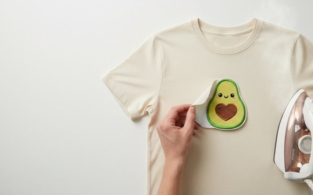Hand peeling an embroidered avocado iron-on patch off a cream t-shirt, with an iron beside it