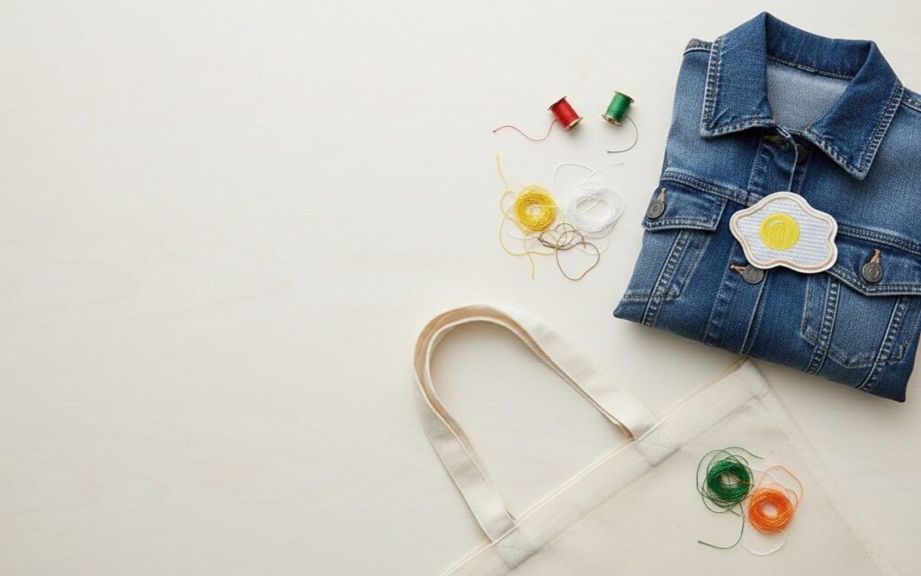 Embroidered fried egg patch on a denim jacket in a summer flat lay with a tote bag