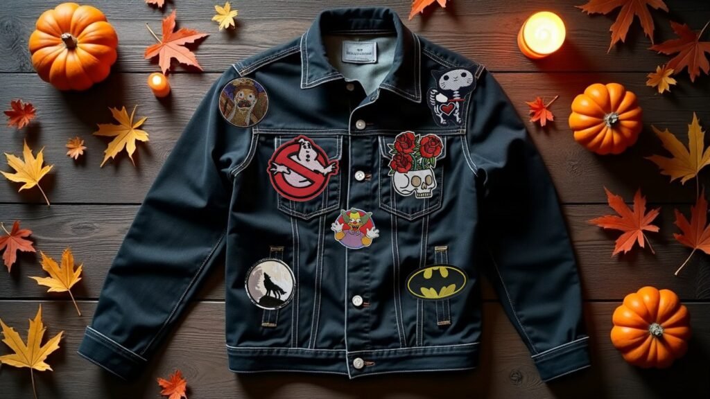 Zwart spijkerjasje met Patchy-strijkpatches — Ghostbusters, Skull & Roses, kattenskelet, Batman, wolf en Krusty — tussen pompoenen en herfstbladeren